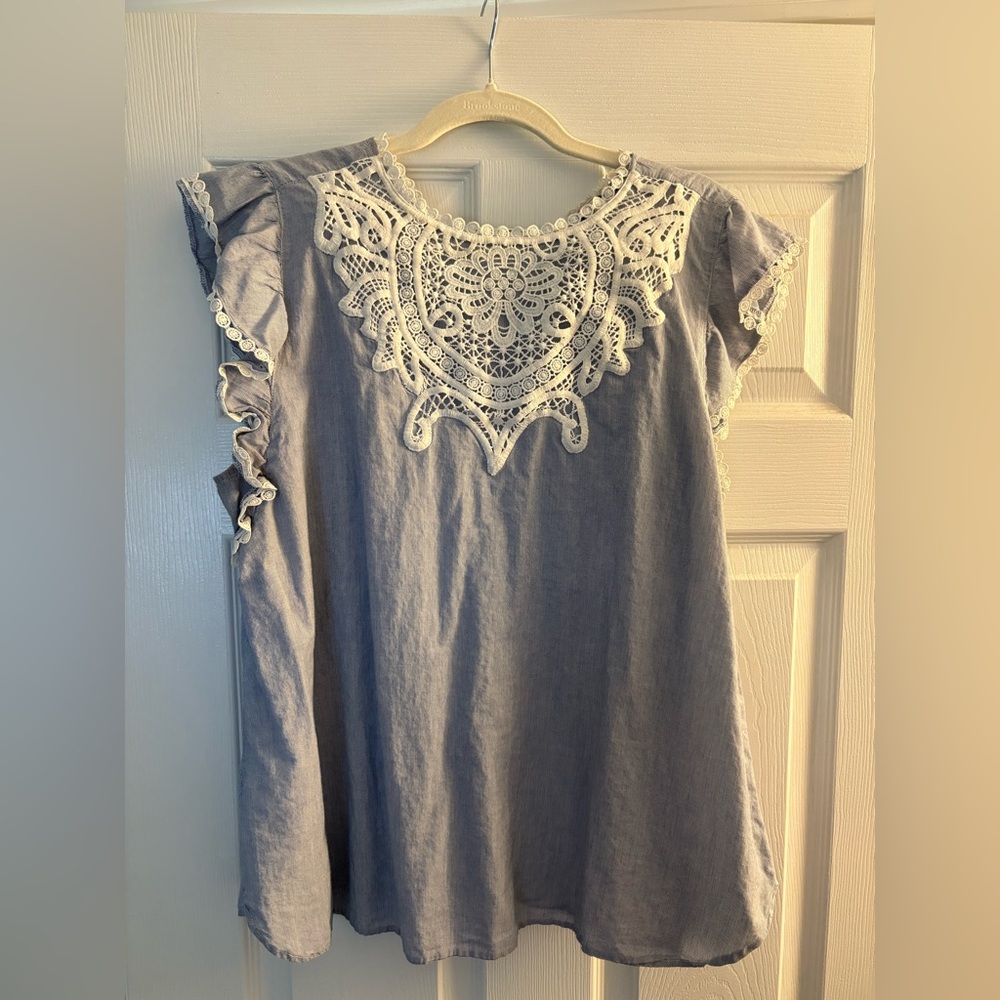 LOFT Blue Blouse with Cream Lace Detail